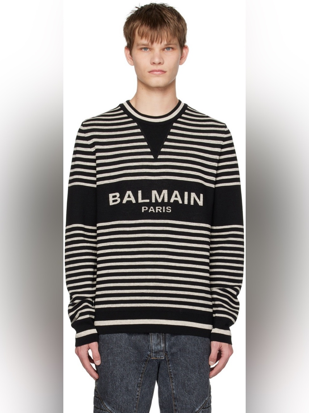 Balmain Black and White Striped Crewneck Sweater